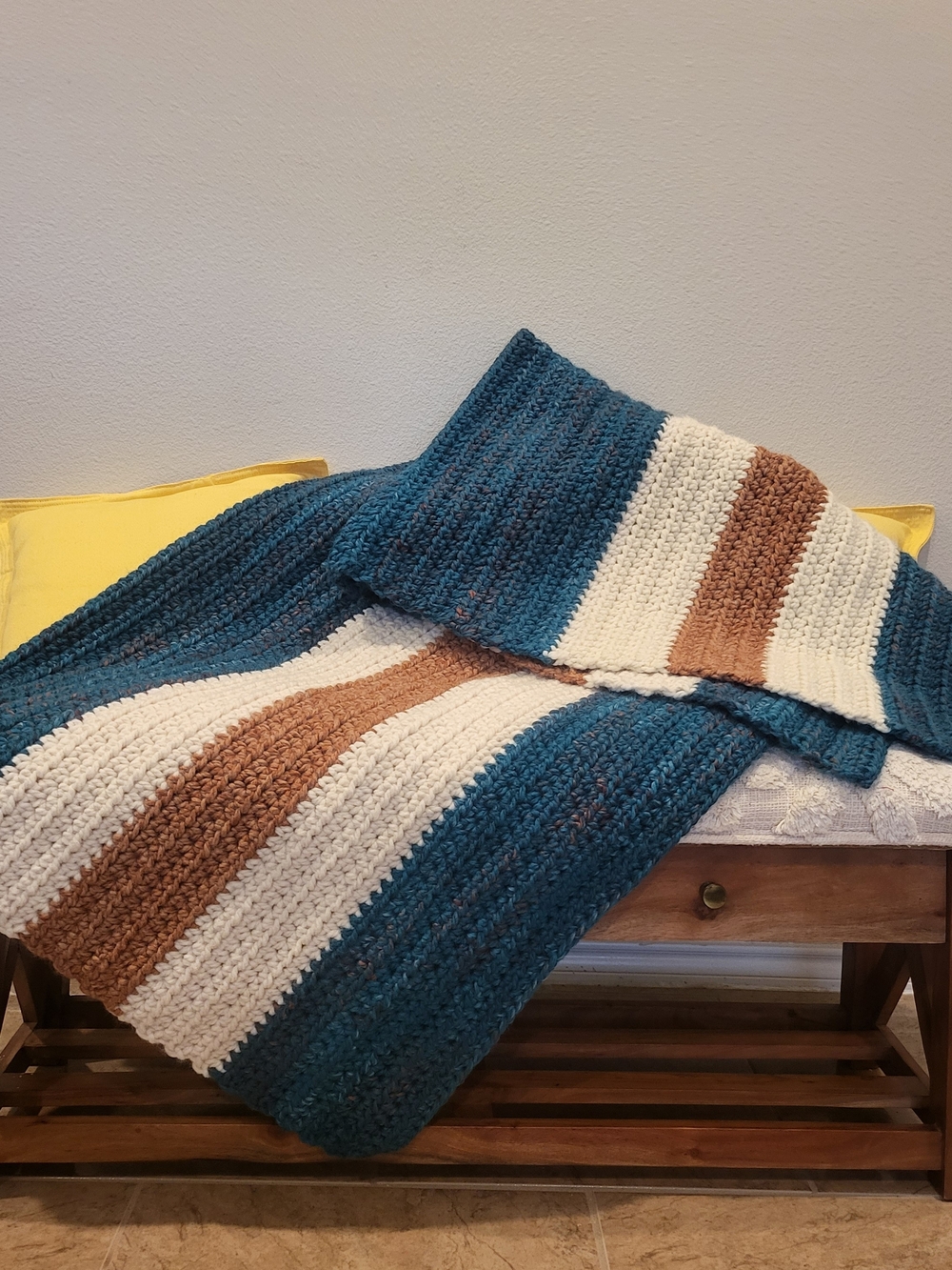 Handmade Striped Crochet Throw Blanket in Teal, Cream & Brown-NWT
